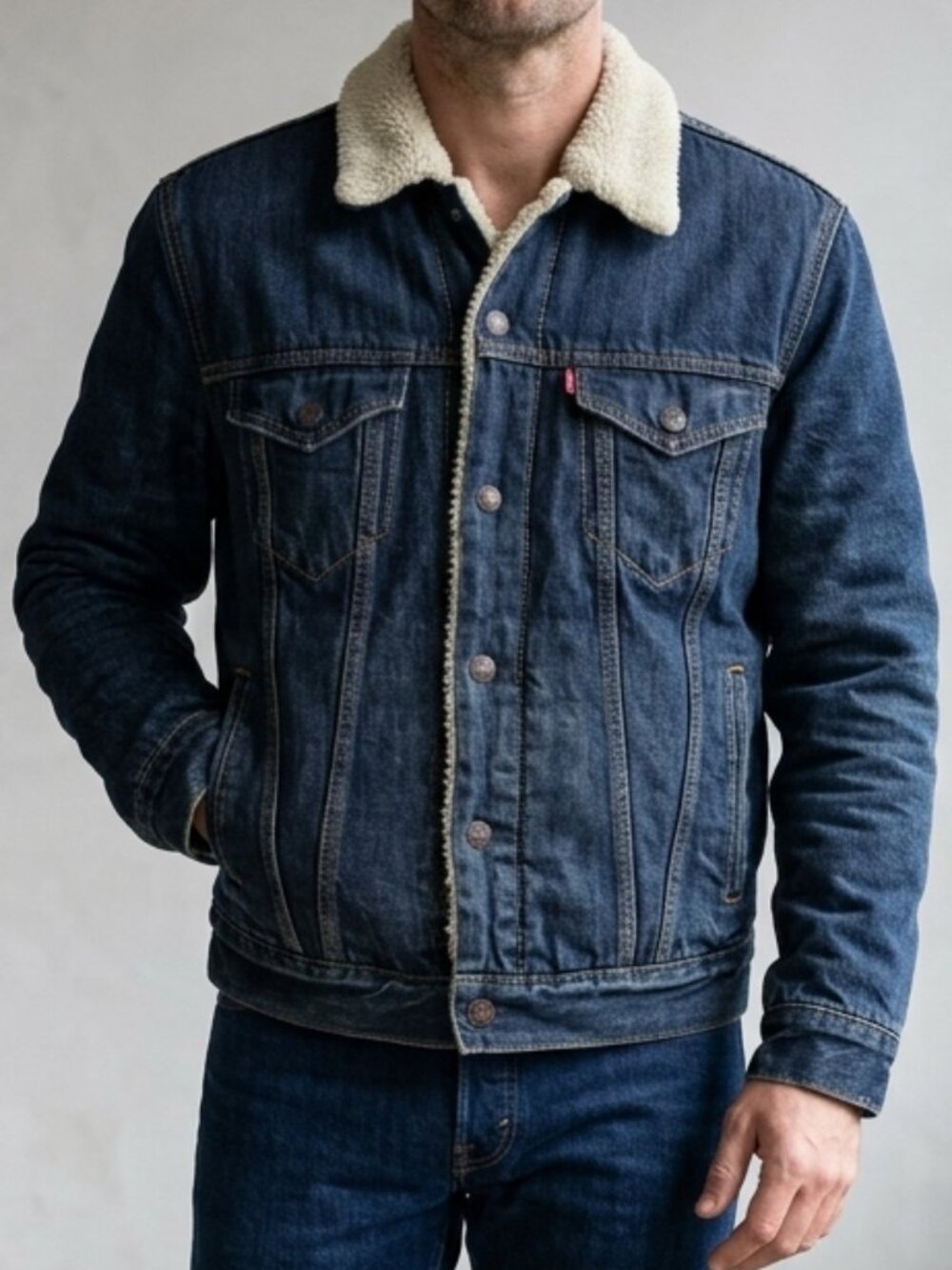 Levi's Indigo Blue Cotton Denim Jean Sherpa Trucker Fleece Lined Jacket Men's S